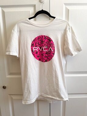 5 for $25! RVCA White Short Sleeve Tee with Pink Graphic